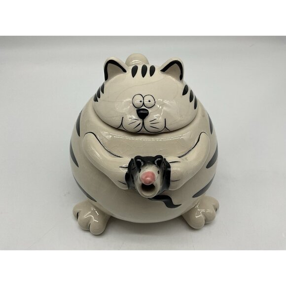 Pier 1 Imports Teapot Chubby Black & White Striped Cat Holding a Mouse as Spout - Picture 7 of 16